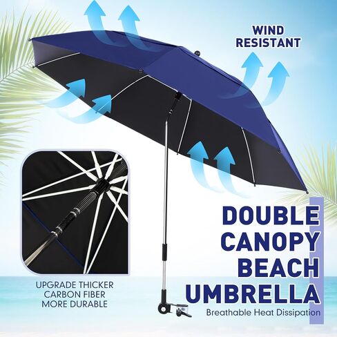 Nuanchu 2 Pcs 49" Double Canopy Beach Umbrellas with Clamp Upf50+ Beach Chair Umbrella with Clip 360 ° Adjustable Portable Outdoor Wheelchair Patio Golf Carts Camping Stroller Fishing in Kuwait