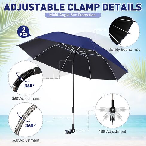 Nuanchu 2 Pcs 49" Double Canopy Beach Umbrellas with Clamp Upf50+ Beach Chair Umbrella with Clip 360 ° Adjustable Portable Outdoor Wheelchair Patio Golf Carts Camping Stroller Fishing in Kuwait