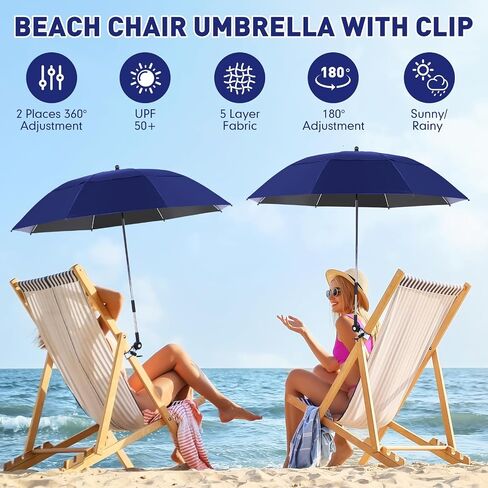Nuanchu 2 Pcs 49" Double Canopy Beach Umbrellas with Clamp Upf50+ Beach Chair Umbrella with Clip 360 ° Adjustable Portable Outdoor Wheelchair Patio Golf Carts Camping Stroller Fishing in Kuwait