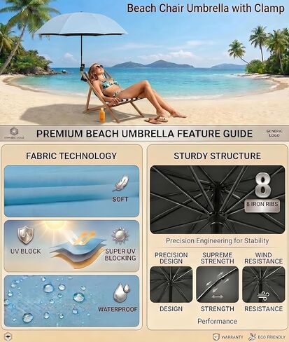 Beach Chair Umbrella with Clamp, UPF 50 Protection Portable Clip on Umbrellas for Chair, Windproof Layer Vented Canopy Sports Umbrella for Stroller Wagon Golf Cart Balcony in Kuwait