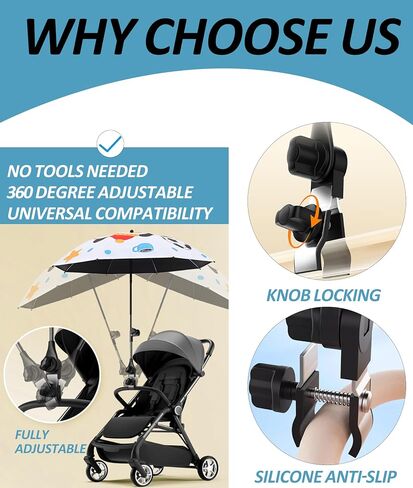 Beach Chair Umbrella with Clamp, UPF 50 Protection Portable Clip on Umbrellas for Chair, Windproof Layer Vented Canopy Sports Umbrella for Stroller Wagon Golf Cart Balcony in Kuwait