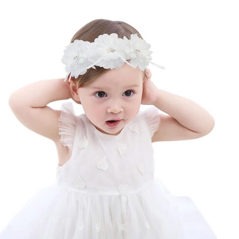 Flower Headband for Baby Girl Floral Headbands Crown Baptism Hairband White Hair Accessories in Kuwait