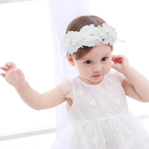 Flower Headband for Baby Girl Floral Headbands Crown Baptism Hairband White Hair Accessories in Kuwait