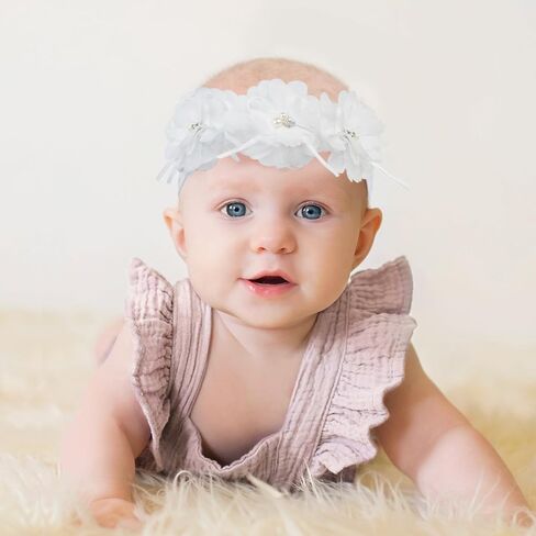 Flower Headband for Baby Girl Floral Headbands Crown Baptism Hairband White Hair Accessories in Kuwait