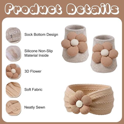 Baby Flower Headband and Socks Cute Non-Slip Grips Socks Soft Hairbands Hair Accessories Sets for Toddler Newborn Infant Girl in Kuwait