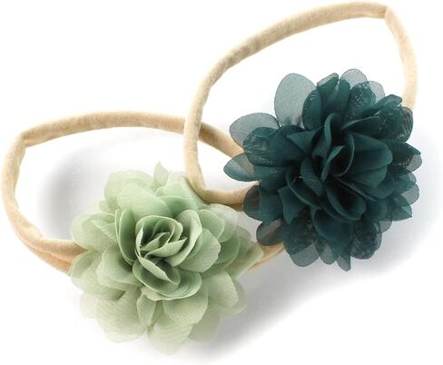 Baby Girl Rounded Petal Chiffon Flower Nylon Elastic Headbands Set 2pcs - Small - Light Sage/Hunter Green in Kuwait