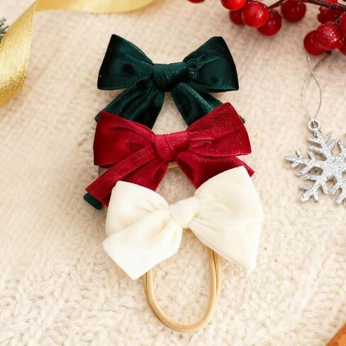 hoyuwak 3 PCS 4" Velvet Baby Bows Elastic Baby Christmas Bow Nylon Headband | for Newborn Girl Christmas Gift in Kuwait