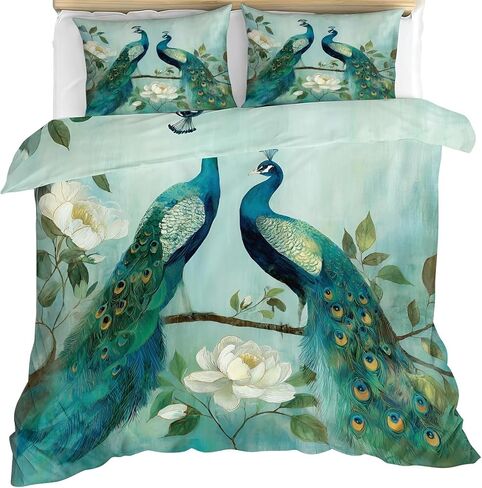 Peacock Toddler Bedding Set, White Flowers Toddler Duvet Cover, Branches Comforter Cover & 1 Pillow Sham, Super Soft Microfiber with Zipper & Ties, All Season A922 in Kuwait