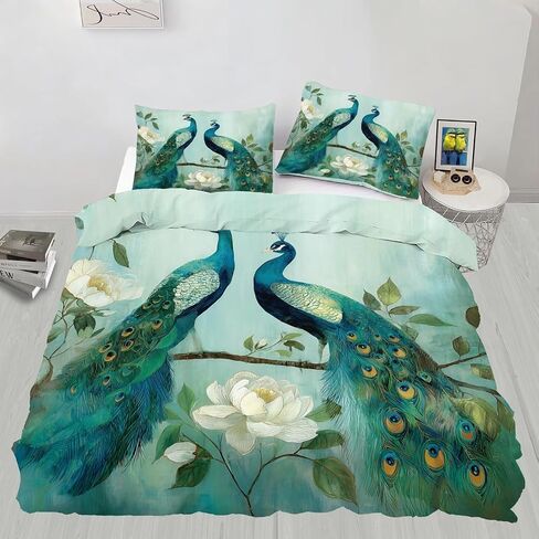 Peacock Toddler Bedding Set, White Flowers Toddler Duvet Cover, Branches Comforter Cover & 1 Pillow Sham, Super Soft Microfiber with Zipper & Ties, All Season A922 in Kuwait
