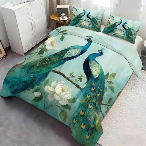 Peacock Toddler Bedding Set, White Flowers Toddler Duvet Cover, Branches Comforter Cover & 1 Pillow Sham, Super Soft Microfiber with Zipper & Ties, All Season A922 in Kuwait