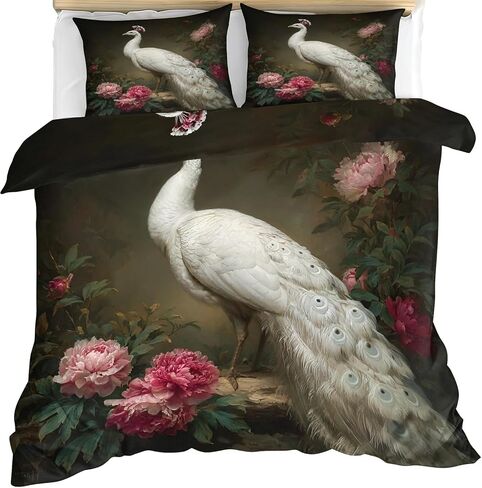 White Peacock Toddler Bedding Set, Peony Toddler Duvet Cover, Flowers Comforter Cover & 1 Pillow Sham, Super Soft Microfiber with Zipper & Ties, All Season A906 in Kuwait