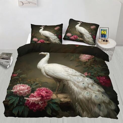 White Peacock Toddler Bedding Set, Peony Toddler Duvet Cover, Flowers Comforter Cover & 1 Pillow Sham, Super Soft Microfiber with Zipper & Ties, All Season A906 in Kuwait