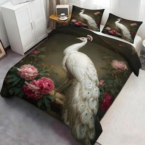 White Peacock Toddler Bedding Set, Peony Toddler Duvet Cover, Flowers Comforter Cover & 1 Pillow Sham, Super Soft Microfiber with Zipper & Ties, All Season A906 in Kuwait