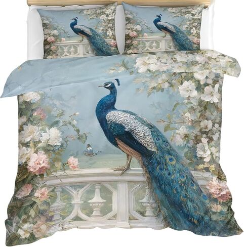 Peacock Duvet Cover Toddler, Garden Bedding Set 2 Piece, Flowers Bedroom Decor & Gift, Soft Microfiber Toddler Comforter Cover and 1 Pillow Sham, with Zipper Closure & Ties A882 in Kuwait