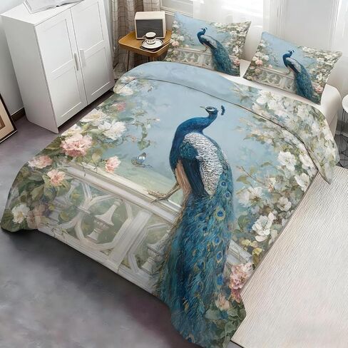 Peacock Duvet Cover Toddler, Garden Bedding Set 2 Piece, Flowers Bedroom Decor & Gift, Soft Microfiber Toddler Comforter Cover and 1 Pillow Sham, with Zipper Closure & Ties A882 in Kuwait