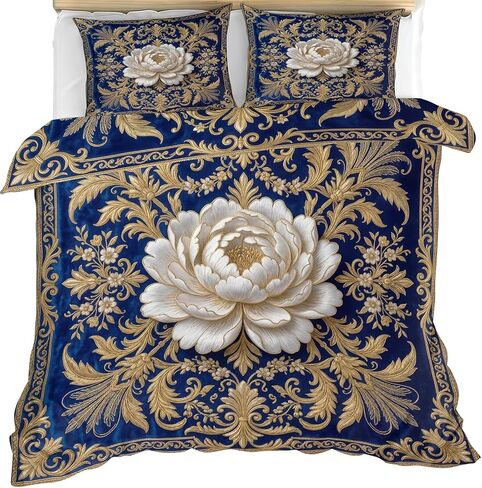 Flowers Duvet Cover Toddler, Gorgeous Bedding Set 2 Piece, Blue and Gold Bedroom Decor & Gift, Soft Microfiber Toddler Comforter Cover and 1 Pillow Sham, with Zipper Closure & Ties A802 in Kuwait