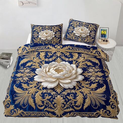 Flowers Duvet Cover Toddler, Gorgeous Bedding Set 2 Piece, Blue and Gold Bedroom Decor & Gift, Soft Microfiber Toddler Comforter Cover and 1 Pillow Sham, with Zipper Closure & Ties A802 in Kuwait