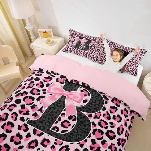 jejeloiu Pink Black Leopard Duvet Cover Toddler Size Initial Letter B Bedding Set for Boys Girls Coquette Bow Comforter Cover Cheetah Bowknot Bedroom Decor 2Pcs in Kuwait