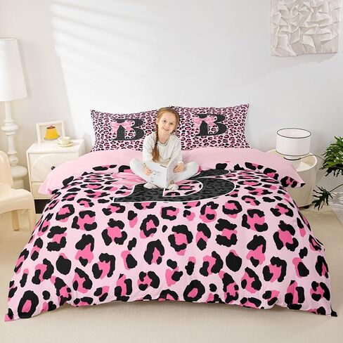 jejeloiu Pink Black Leopard Duvet Cover Toddler Size Initial Letter B Bedding Set for Boys Girls Coquette Bow Comforter Cover Cheetah Bowknot Bedroom Decor 2Pcs in Kuwait