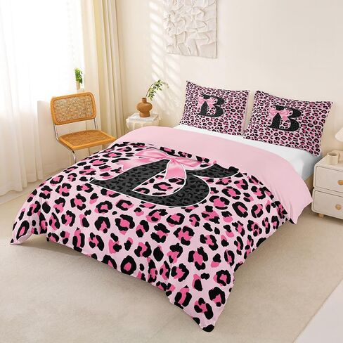 jejeloiu Pink Black Leopard Duvet Cover Toddler Size Initial Letter B Bedding Set for Boys Girls Coquette Bow Comforter Cover Cheetah Bowknot Bedroom Decor 2Pcs in Kuwait