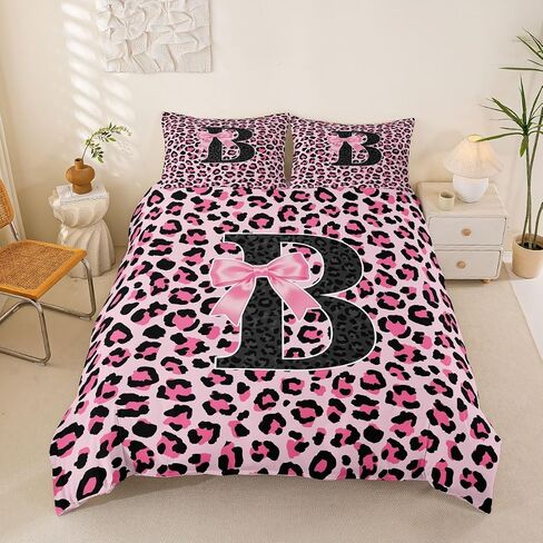 jejeloiu Pink Black Leopard Duvet Cover Toddler Size Initial Letter B Bedding Set for Boys Girls Coquette Bow Comforter Cover Cheetah Bowknot Bedroom Decor 2Pcs in Kuwait