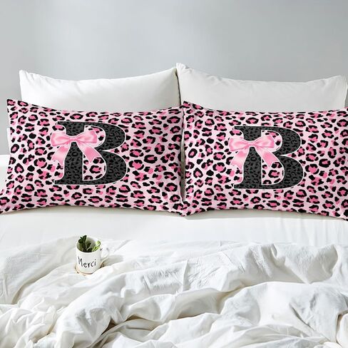 jejeloiu Pink Black Leopard Duvet Cover Toddler Size Initial Letter B Bedding Set for Boys Girls Coquette Bow Comforter Cover Cheetah Bowknot Bedroom Decor 2Pcs in Kuwait