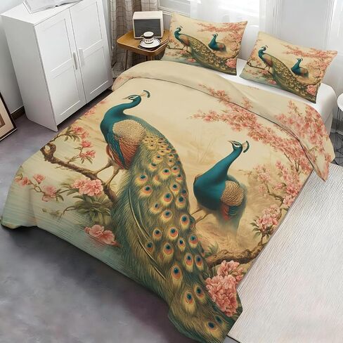 Feathers Duvet Cover Toddler, Peacock Bedding Set 2 Piece, Blossoms Bedroom Decor & Gift, Soft Microfiber Toddler Comforter Cover and 1 Pillow Sham, with Zipper Closure & Ties A914 in Kuwait