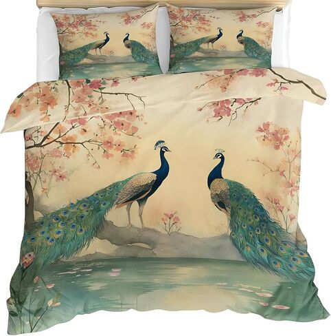 Cherry Blossoms Toddler Bedding Set, Oriental Style Toddler Duvet Cover, Peacock Comforter Cover & 1 Pillow Sham, Super Soft Microfiber with Zipper & Ties, All Season A938 in Kuwait