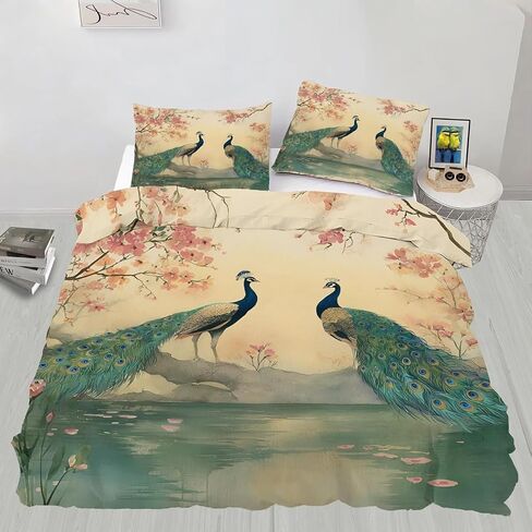 Cherry Blossoms Toddler Bedding Set, Oriental Style Toddler Duvet Cover, Peacock Comforter Cover & 1 Pillow Sham, Super Soft Microfiber with Zipper & Ties, All Season A938 in Kuwait