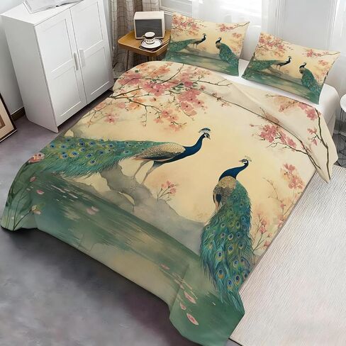 Cherry Blossoms Toddler Bedding Set, Oriental Style Toddler Duvet Cover, Peacock Comforter Cover & 1 Pillow Sham, Super Soft Microfiber with Zipper & Ties, All Season A938 in Kuwait