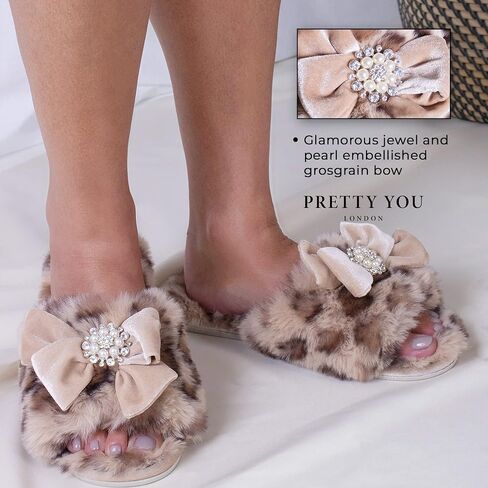 PRETTY YOU London Women's Footwear Faux Fur Anya Leopard Slipper Slider in Kuwait