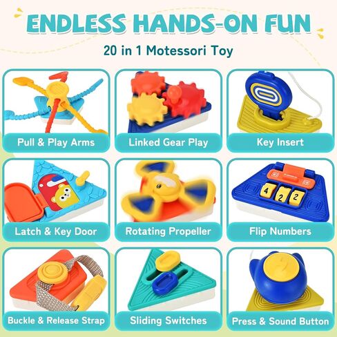 20-in-1 Montessori Busy Board, Sensory Travel Toy for Toddlers | Detachable Activity Board with Straps, Fine Motor Skills Educational Gift for Boys Girls 12M+ Birthday Christmas in Kuwait
