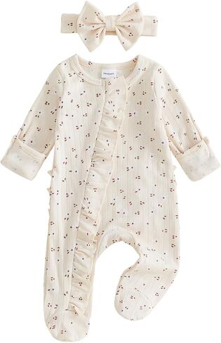 Newborn Baby Girl Fall Outfit Printed Ruffled Long Sleeve Footed Jumpsuit | Goose/flower/bow print, Zip up design, Bow headband, Newborn baby fall Clothes for girls 0-12 months in Kuwait
