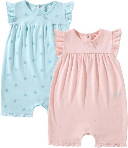TRND O&X Baby Girl 2-Pack Soft Cotton Pointelle Romper, Ruffle Summer Outfit for Newborn Girls 0-24M in Kuwait
