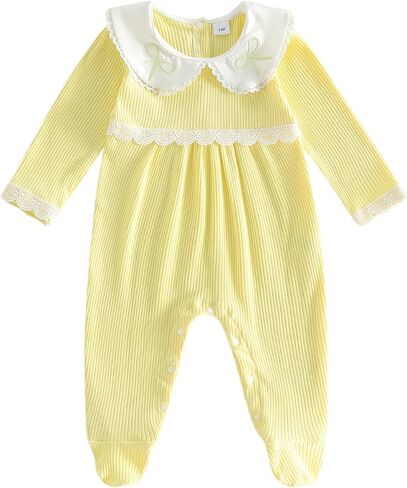 Newborn Girl Footed Long Sleeve Romper | Ribbed Knit Jumpsuit, Peter Pan Collar, Baby Coming Home Clothes, Fall Winter Outfit in Saudi Arabia