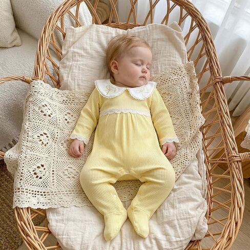 Newborn Girl Footed Long Sleeve Romper | Ribbed Knit Jumpsuit, Peter Pan Collar, Baby Coming Home Clothes, Fall Winter Outfit in Saudi Arabia