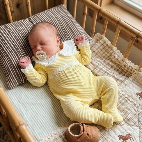 Newborn Girl Footed Long Sleeve Romper | Ribbed Knit Jumpsuit, Peter Pan Collar, Baby Coming Home Clothes, Fall Winter Outfit in Saudi Arabia
