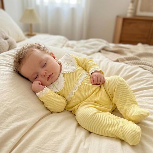 Newborn Girl Footed Long Sleeve Romper | Ribbed Knit Jumpsuit, Peter Pan Collar, Baby Coming Home Clothes, Fall Winter Outfit in Saudi Arabia