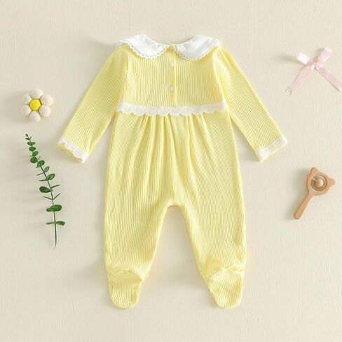 Newborn Girl Footed Long Sleeve Romper | Ribbed Knit Jumpsuit, Peter Pan Collar, Baby Coming Home Clothes, Fall Winter Outfit in Saudi Arabia