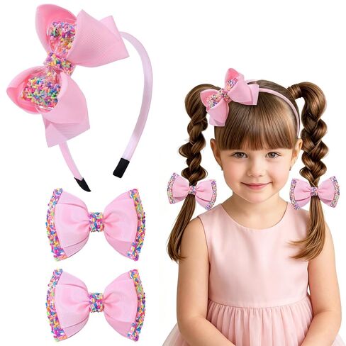 1 PCS Pink Bow Headbands for Girls with 2 PCS Pink Hair Bow Clips | Candy Tulle Hairbands Girls Hair Accessories for Birthday, Party, Proms in Kuwait