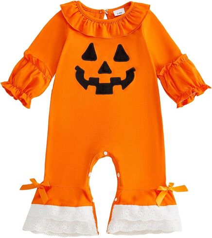 MoZiKQin Baby Girl Halloween Outfit Pumpkin/Ghost Ruffle Flare Romper Lace Bell Bottom Jumpsuit Cute Halloween Clothes in Kuwait