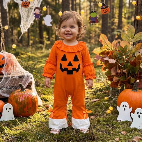 MoZiKQin Baby Girl Halloween Outfit Pumpkin/Ghost Ruffle Flare Romper Lace Bell Bottom Jumpsuit Cute Halloween Clothes in Kuwait