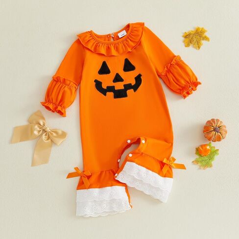 MoZiKQin Baby Girl Halloween Outfit Pumpkin/Ghost Ruffle Flare Romper Lace Bell Bottom Jumpsuit Cute Halloween Clothes in Kuwait