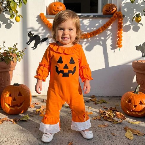 MoZiKQin Baby Girl Halloween Outfit Pumpkin/Ghost Ruffle Flare Romper Lace Bell Bottom Jumpsuit Cute Halloween Clothes in Kuwait
