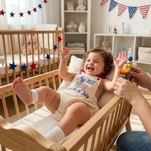 Hnyenmcko My First 4th of July Baby Boy Girl Outfit USA Flag Embroidery Overalls Strap Bubble Romper Infant Summer Clothes in Kuwait