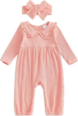 Ayalinggo Newborn Baby Girl Clothes With Bows 0 3 6 9 12 18 Months Long Sleeve Pink New Born Romper Fall Coming Home Outfit in Kuwait