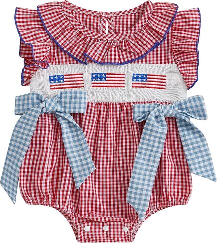 4th of July Baby Girl Outfits Infant Smocked Bubble Romper Onesie American Flag Bodysuit Newborn Summer Clothes in Kuwait