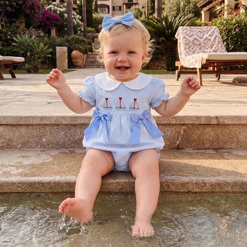 Baby Girl Sailboat Smocked Bubble Romper Doll Collar Ruffle Stripe Bodysuit Bow Infant Jumpsuit Cute Summer Outfit in Kuwait