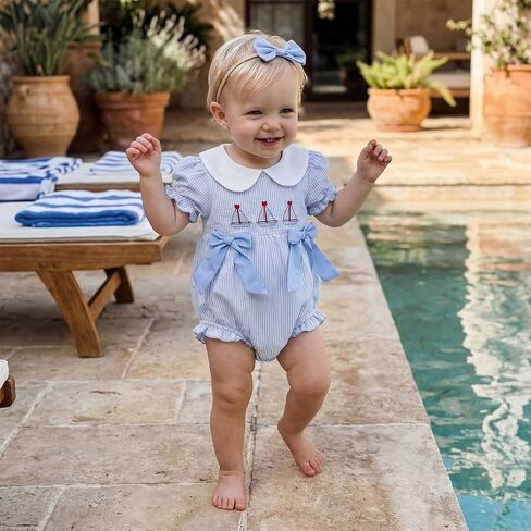 Baby Girl Sailboat Smocked Bubble Romper Doll Collar Ruffle Stripe Bodysuit Bow Infant Jumpsuit Cute Summer Outfit in Kuwait
