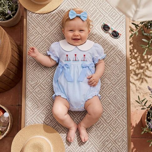 Baby Girl Sailboat Smocked Bubble Romper Doll Collar Ruffle Stripe Bodysuit Bow Infant Jumpsuit Cute Summer Outfit in Kuwait